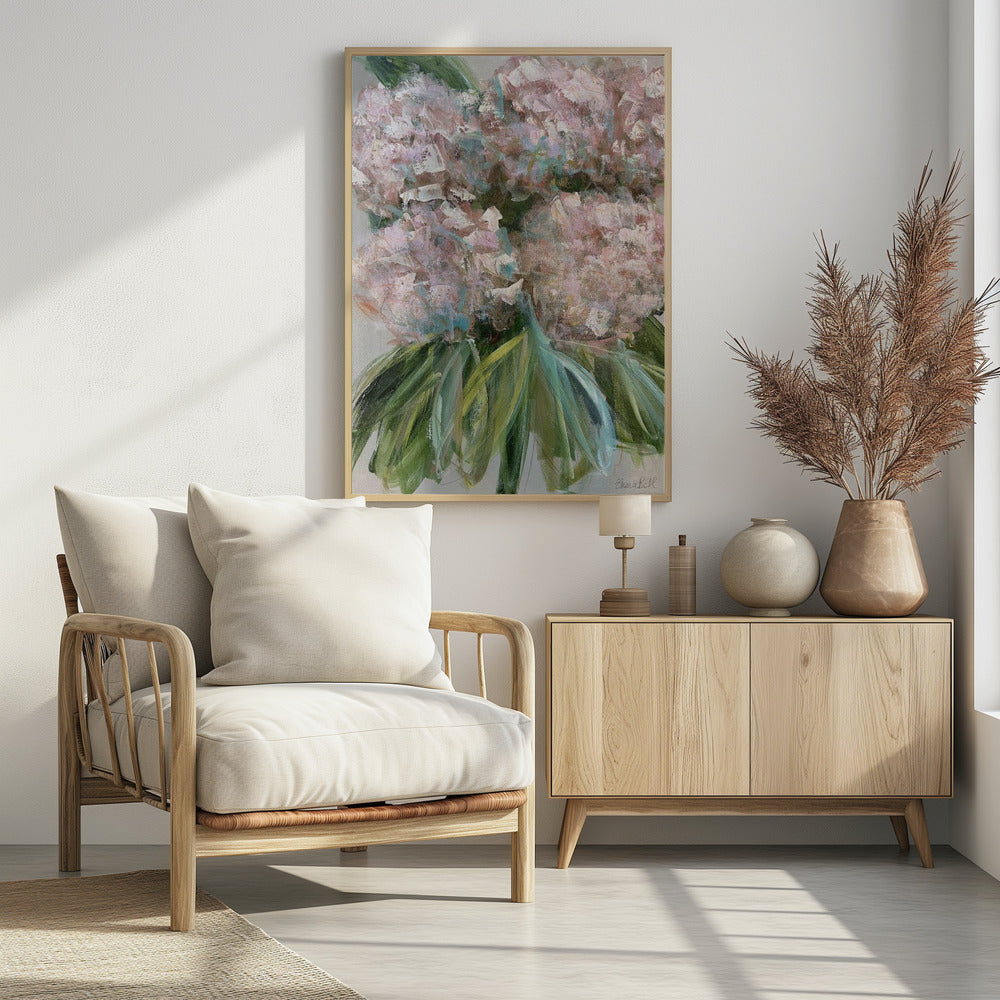 Rosa Hortensien mit grünen Blättern | Poster