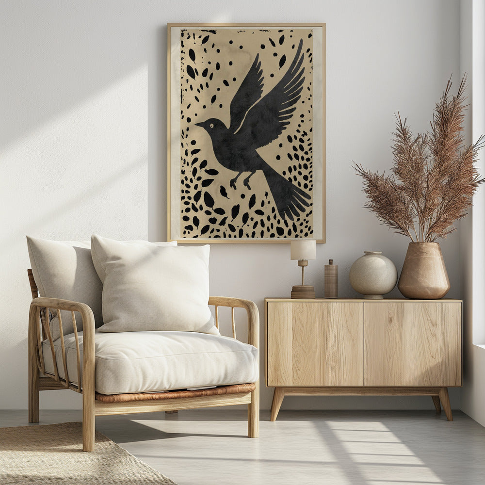 Vogel im Flug, umgeben von verstreuten Blättern | Poster