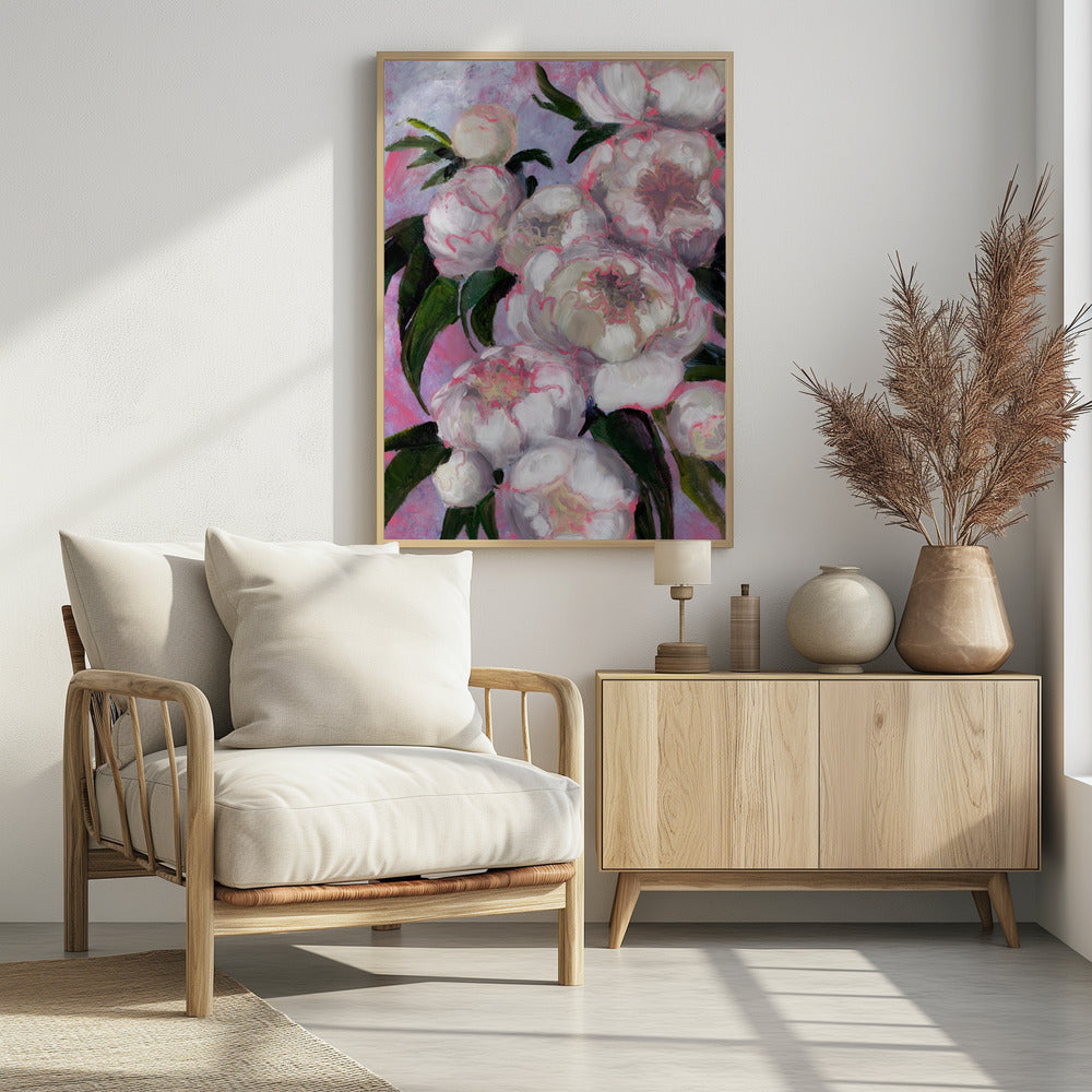 Weiße Pfingstrosen mit rosa Highlights | Poster