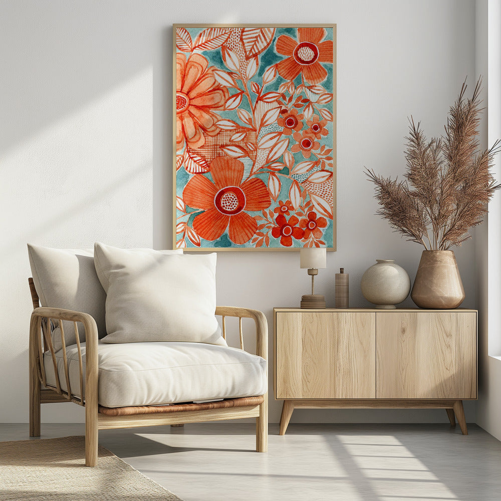 Rote Gänseblümchen mit Aqua | Poster