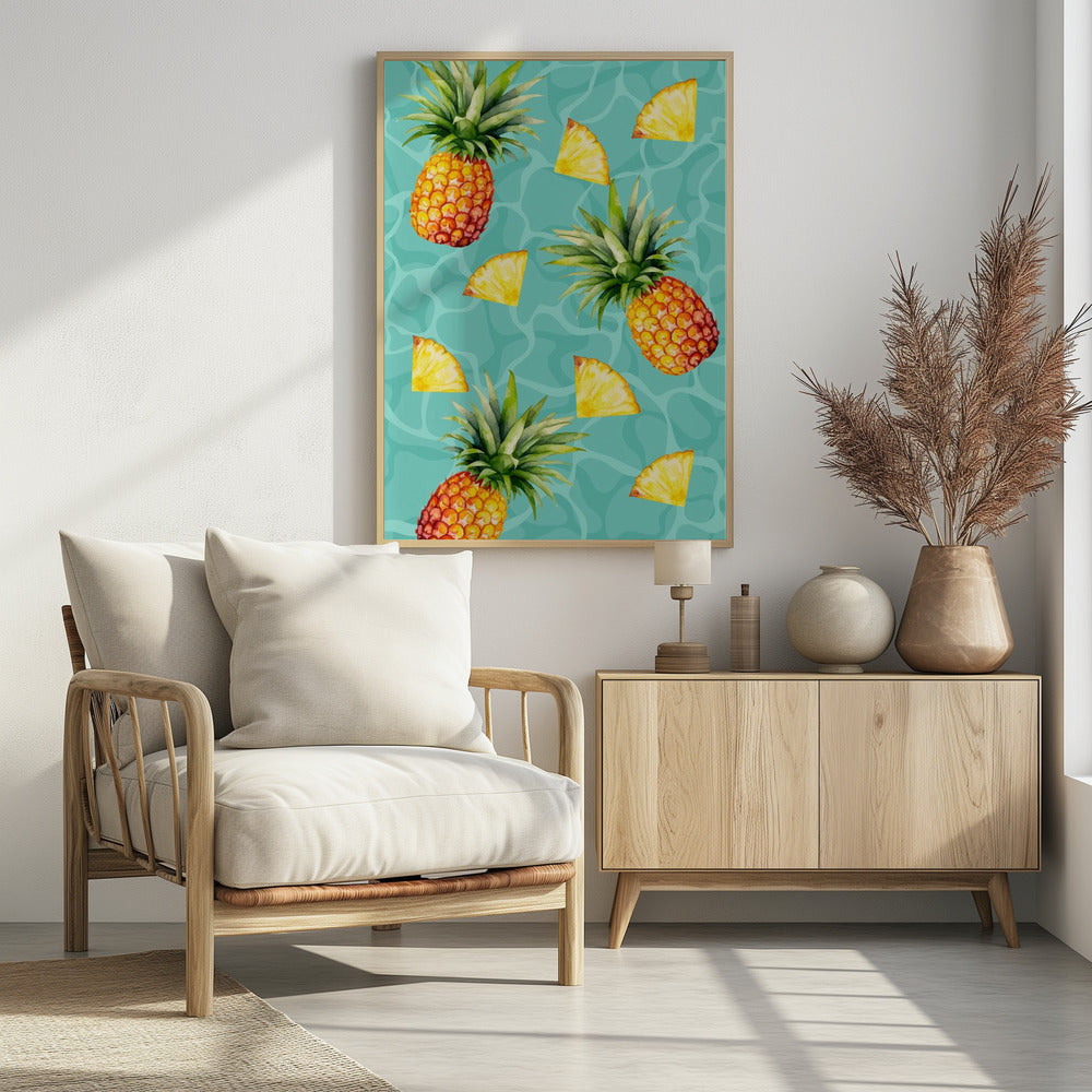 Ästhetisches Muster mit exotischer Ananas und Scheiben – Tropisches Sommeraquarell | Poster