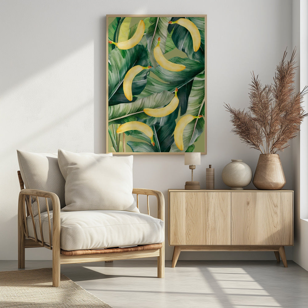 Fresh Banana & Lush Tropical Leaves Aesthetic Pattern - Natural Watercolor Design | Poster