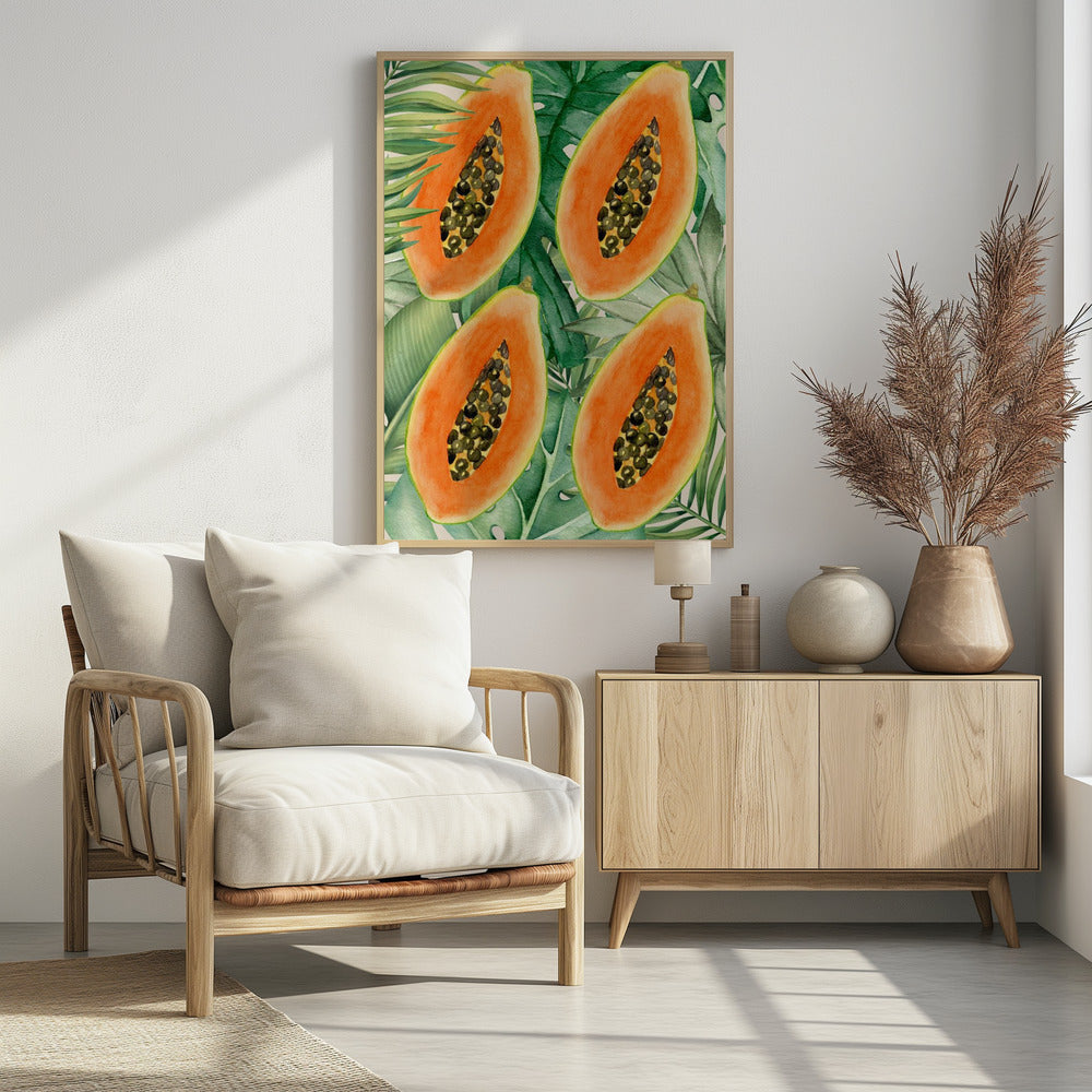 Exotic Papaya and Lush Green Leaves Aesthetic Pattern - Tropical Botanical Watercolor | Poster