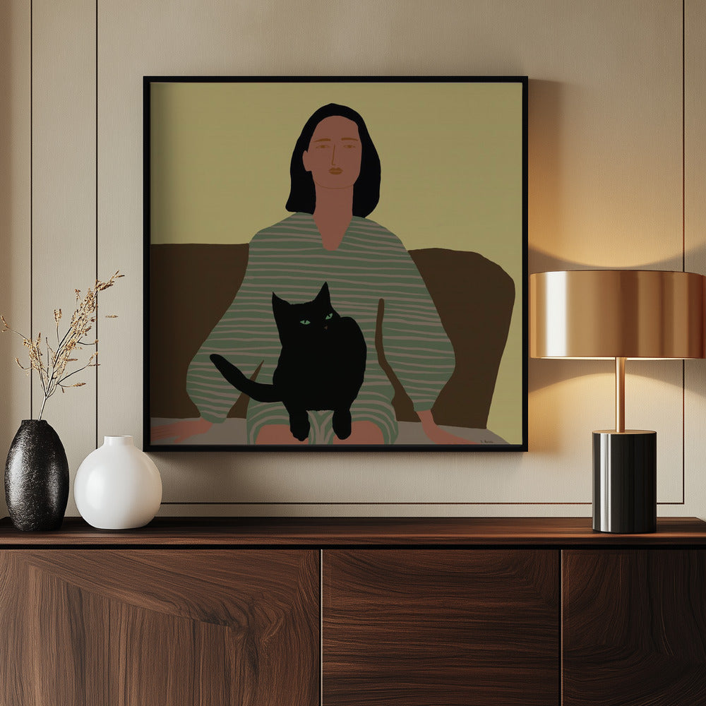 Dame sitzt mit schwarzer Katze. | Poster