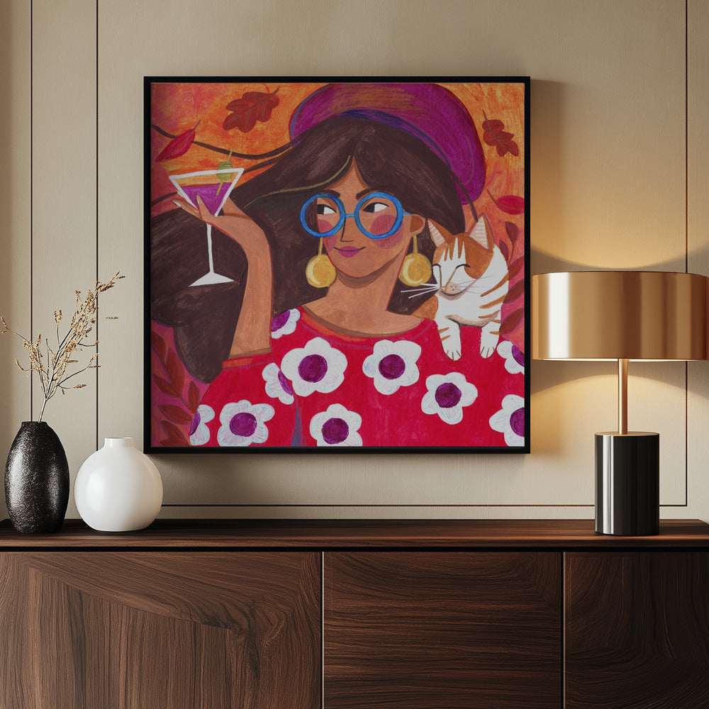 Modernes Herbstporträt Frau mit Katze | Poster