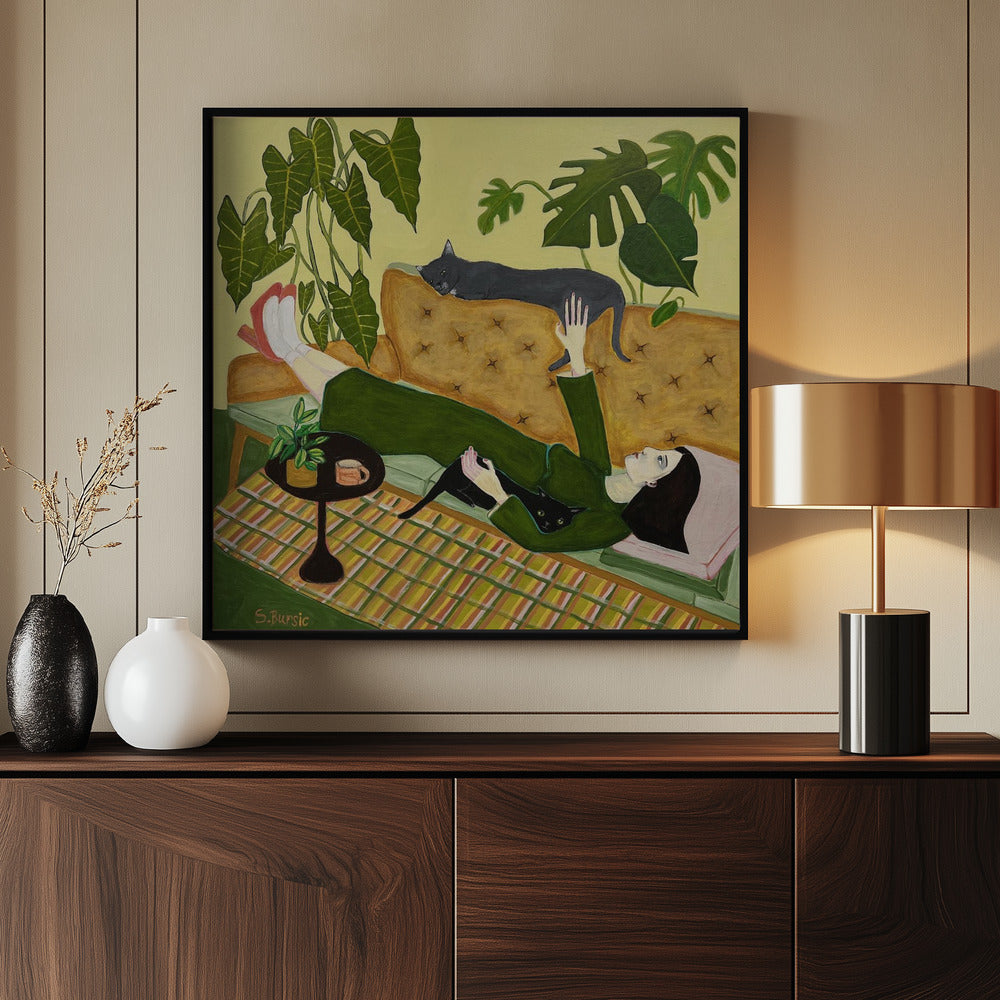 Katzenlady auf der Couch bei einem Date | Poster