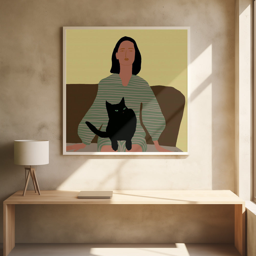 Dame sitzt mit schwarzer Katze. | Poster