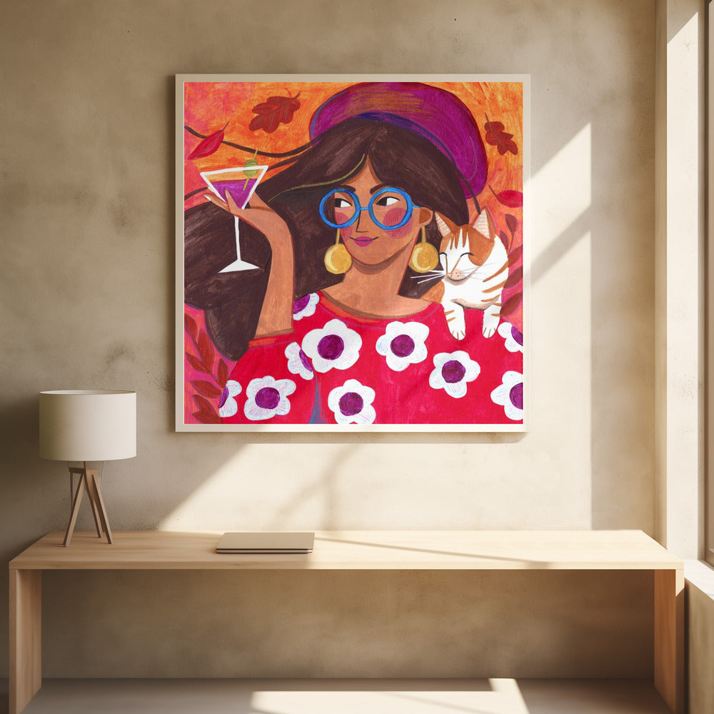 Modernes Herbstporträt Frau mit Katze | Poster