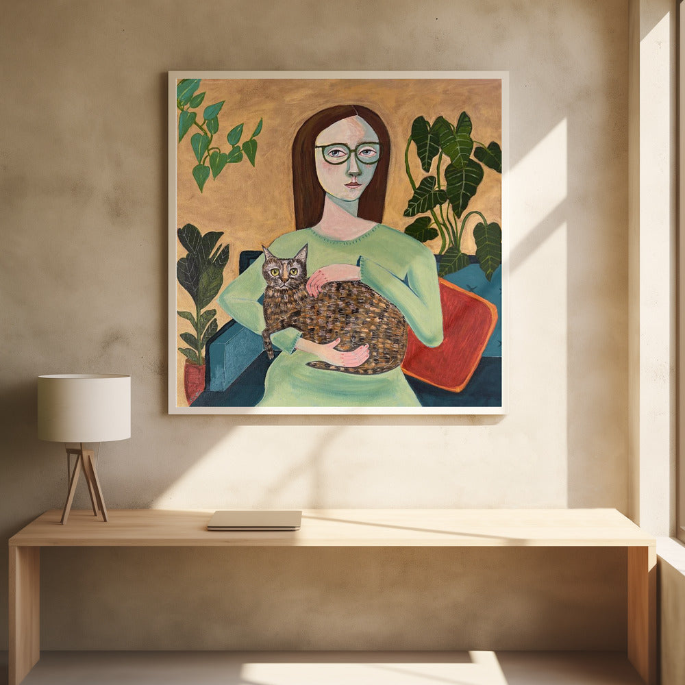 Dame mit ihrer Katze im Wohnzimmer | Poster