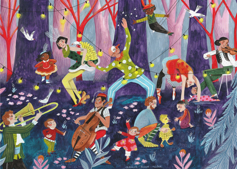 Zirkusartisten und Kinder im Wald | Leinwand