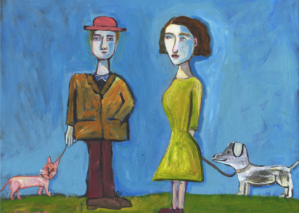 Menschen gehen mit Katze und Hund spazieren | Poster