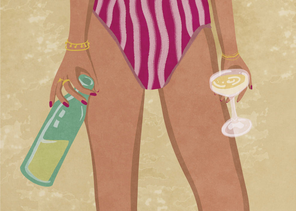 Mädchen mit Wein am Strand | Poster