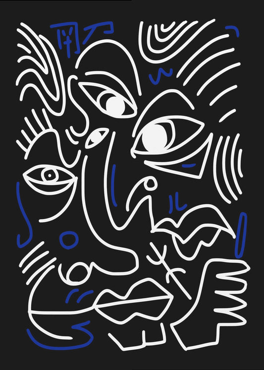 Weiße und blaue Linien auf schwarzem Hintergrund | Leinwand