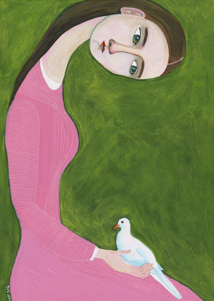 Girl with Dove sitting with pink dress | Canvas