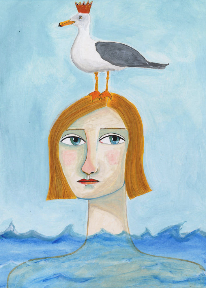 Nackte Dame im Ozean mit Möwe | Poster