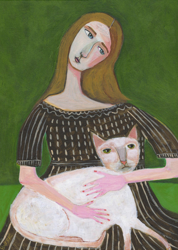 Vintage Dame mit weißer Katze | Poster