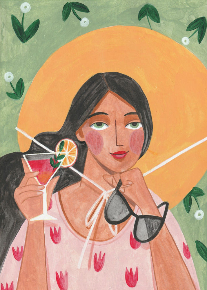 Abstrakte moderne Boho-Frau mit Cocktail | Leinwand
