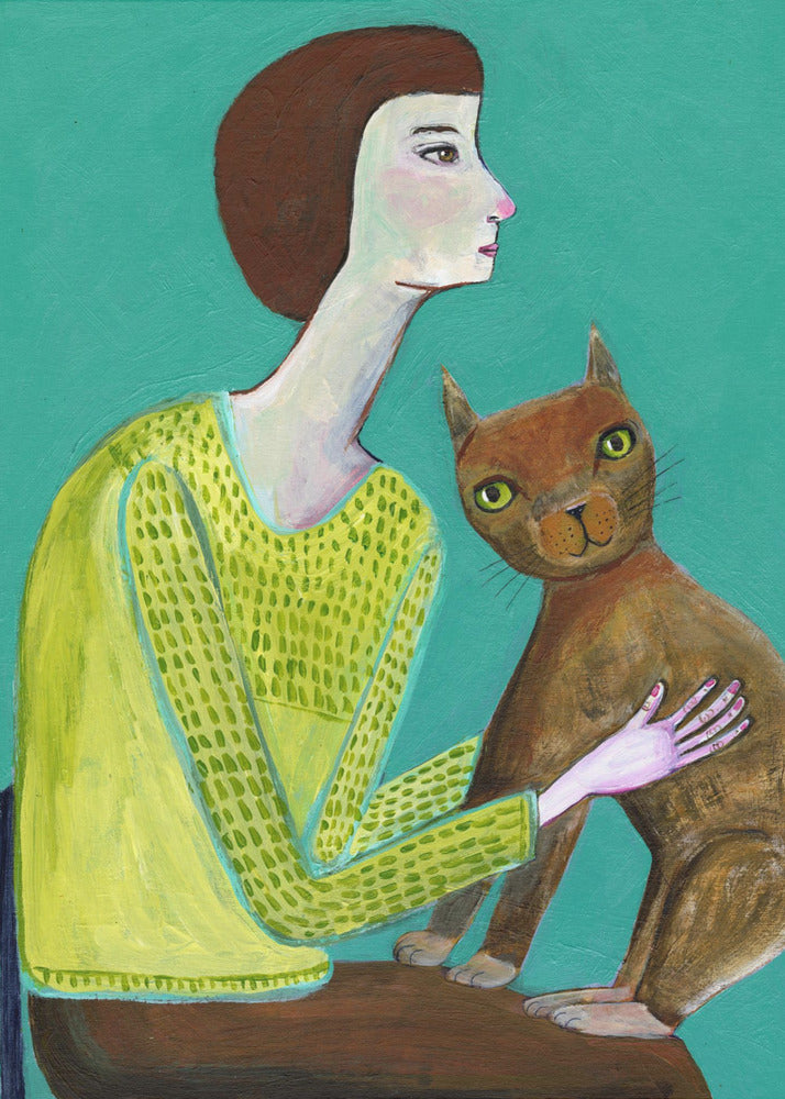 Dame sitzt mit brauner Katze Katzenliebhaber | Poster