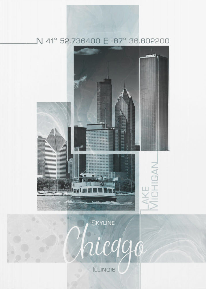 Posterkunst CHICAGO Skyline | türkisfarbener Marmor | Poster