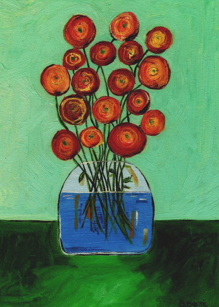 Mohnblumen in Vase Grüne Version | Leinwand