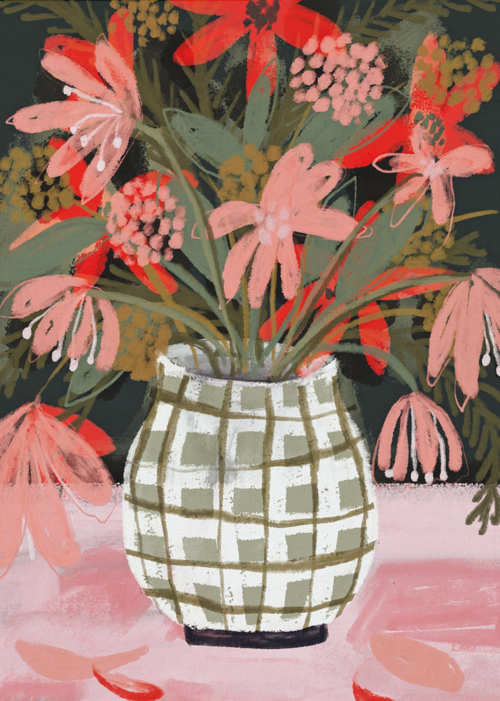Blütenblätter in gemusterter Vase | Leinwand