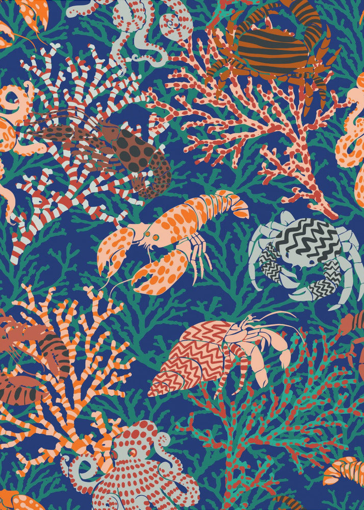 Lebendiges Korallenriff-Muster in Blau und Orange | Poster