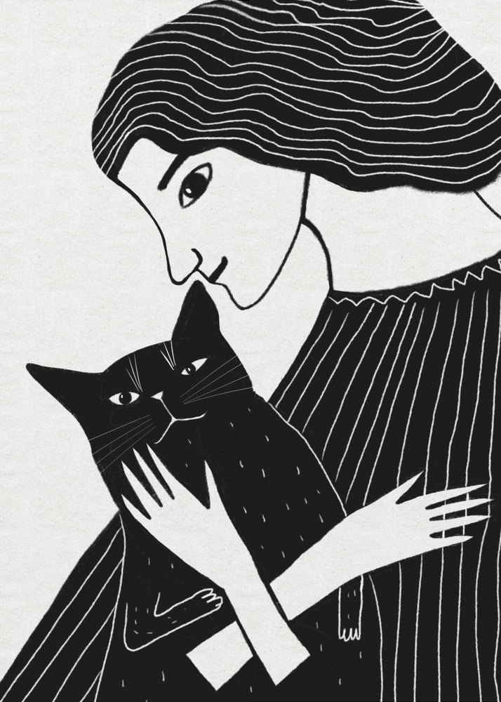 Katzendame mit schwarzer Katze | Poster