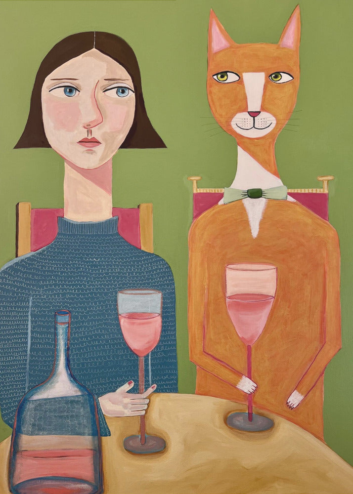 Dame und Katze trinken Wein | Leinwand