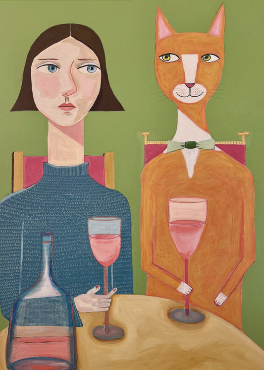 Dame und Katze trinken Wein | Leinwand