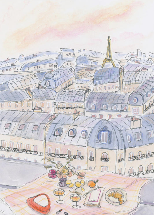 Picknick auf einem Pariser Dach mit Blick auf den Eiffelturm | Poster