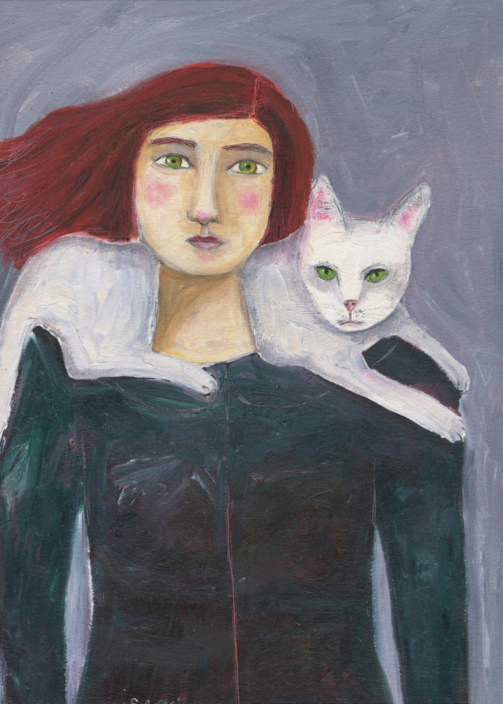 Die Dame und die weiße Katze | Leinwand