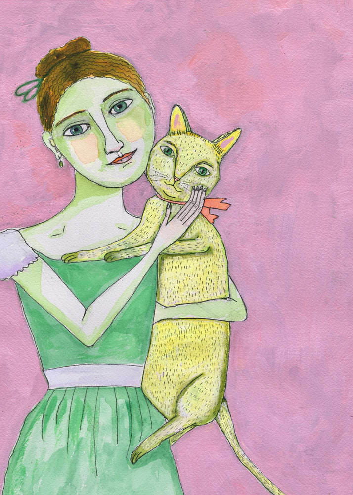 Dame mit gelber Katze | Leinwand