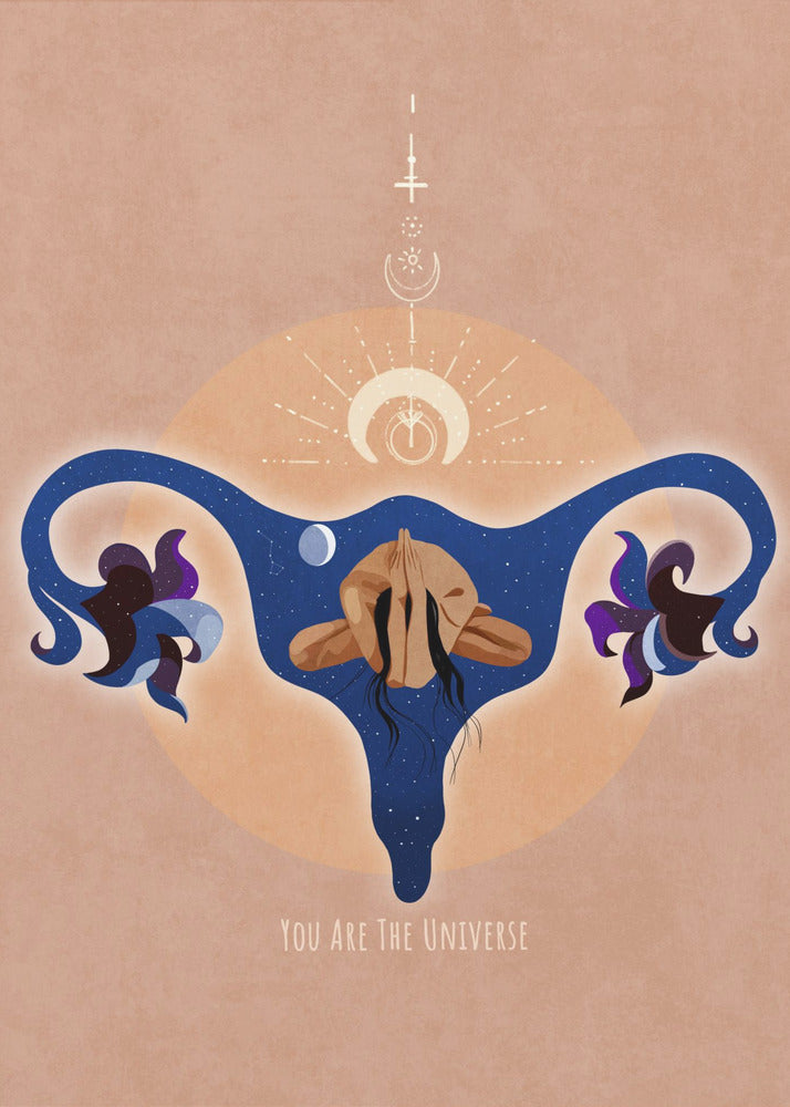Spirituell, weiblich, Energie, Sterne, Mond, Vulva, Meditation, Yoga und Inspiration Poster Spir 1b | Leinwand