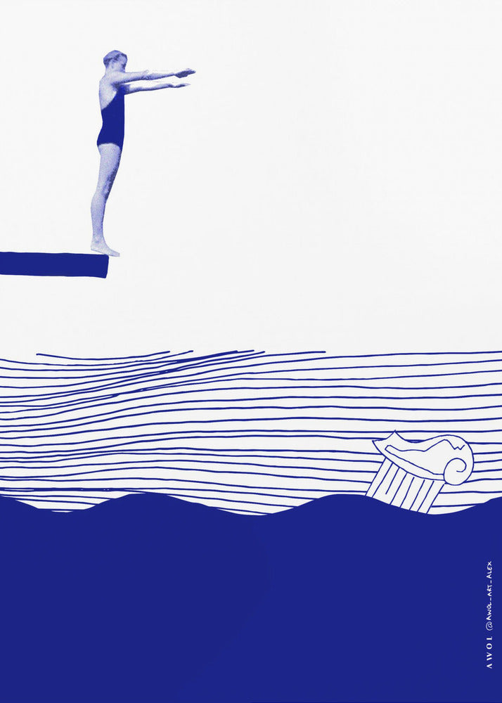 Modern Vintage Beach Wall Art, Nautical Art Print, Woman Swimming In Abstract Sea | Canvas