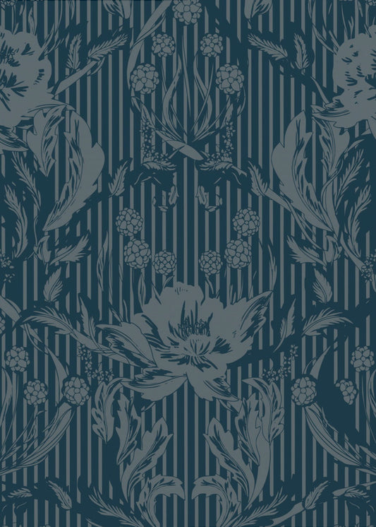 Floral Heritage Morris monochrome Streifen Mondscheinblau Muster | Leinwand