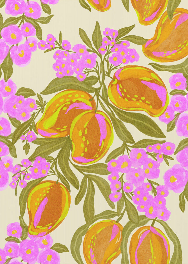 Tropisches Thema mit üppigen Mangos und Blumen | Leinwand