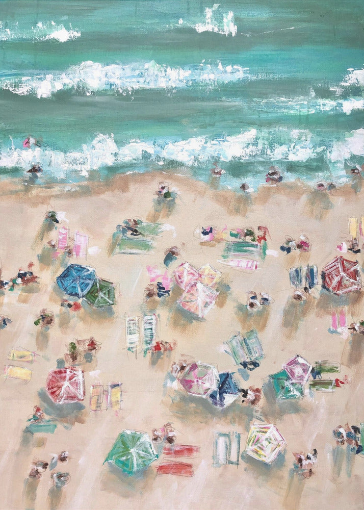 Colorful Umbrellas and Sunbathers on a Sandy Shore | Canvas