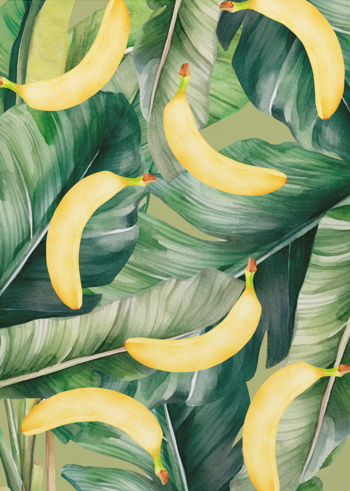 Fresh Banana & Lush Tropical Leaves Aesthetic Pattern - Natural Watercolor Design | Poster