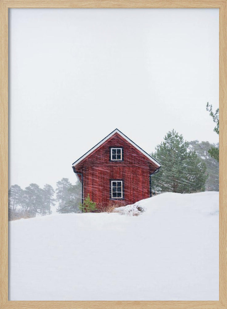 Altes rotes Haus während eines Schneesturms | Poster
