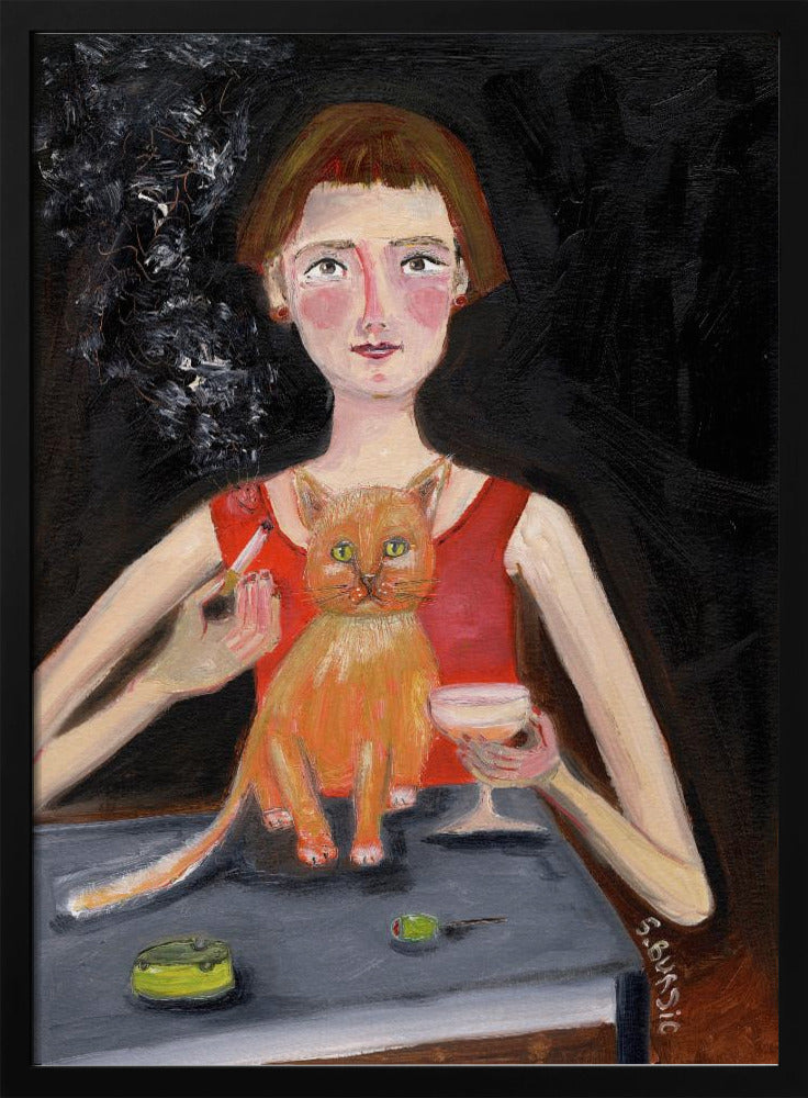 Vintage Frau mit Cocktail und Katze | Poster