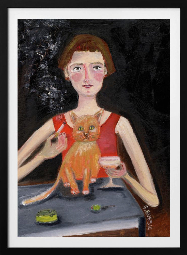 Vintage Frau mit Cocktail und Katze | Poster