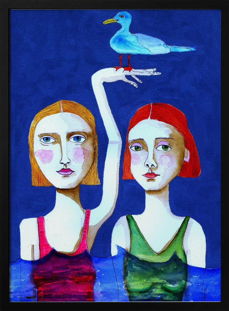 Schwimmende Damen mit blauem Vogel | Poster