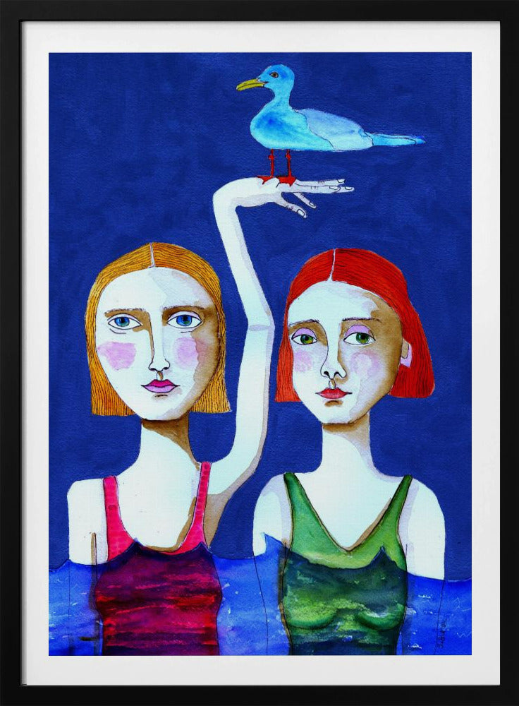 Schwimmende Damen mit blauem Vogel | Poster
