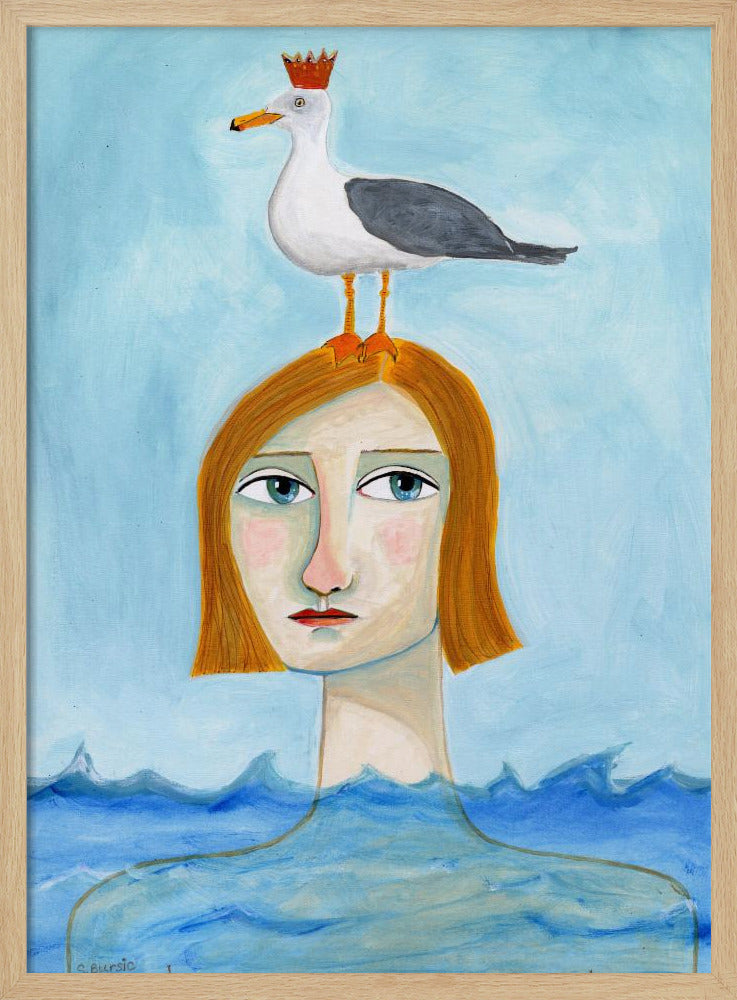 Nackte Dame im Ozean mit Möwe | Poster
