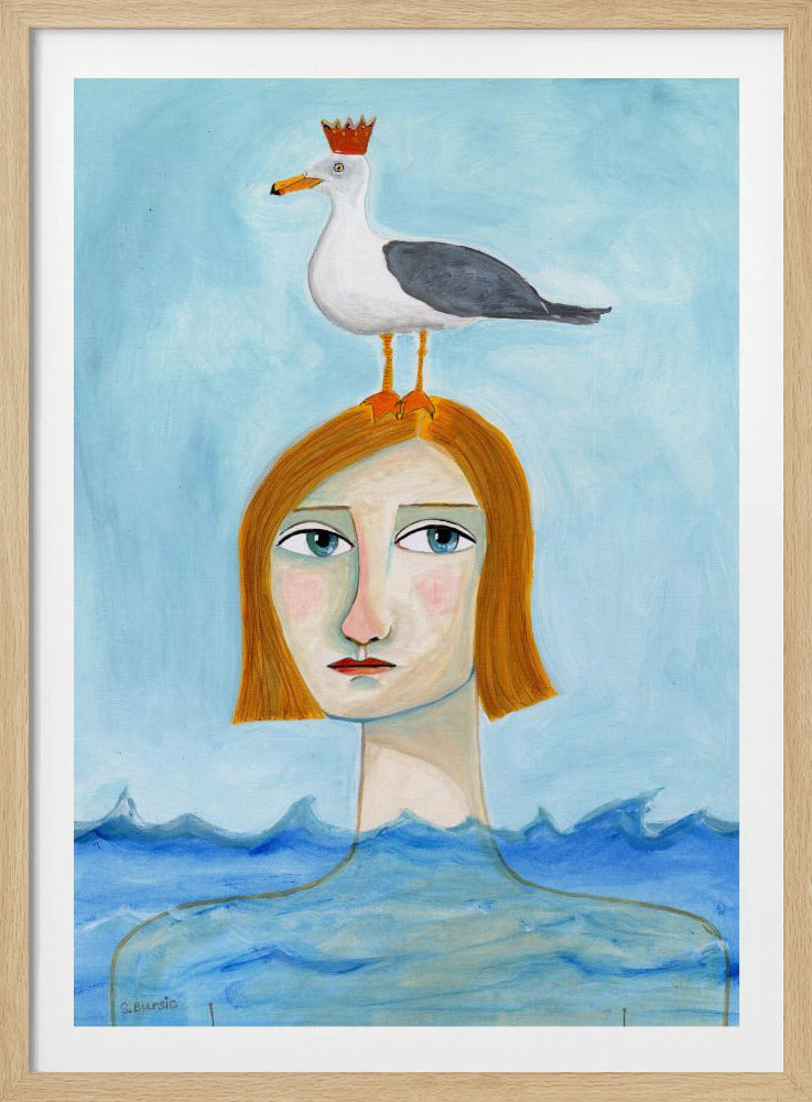 Nackte Dame im Ozean mit Möwe | Poster