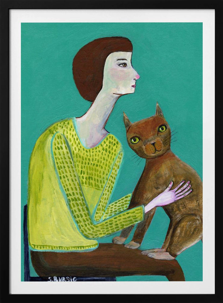 Dame sitzt mit brauner Katze Katzenliebhaber | Poster