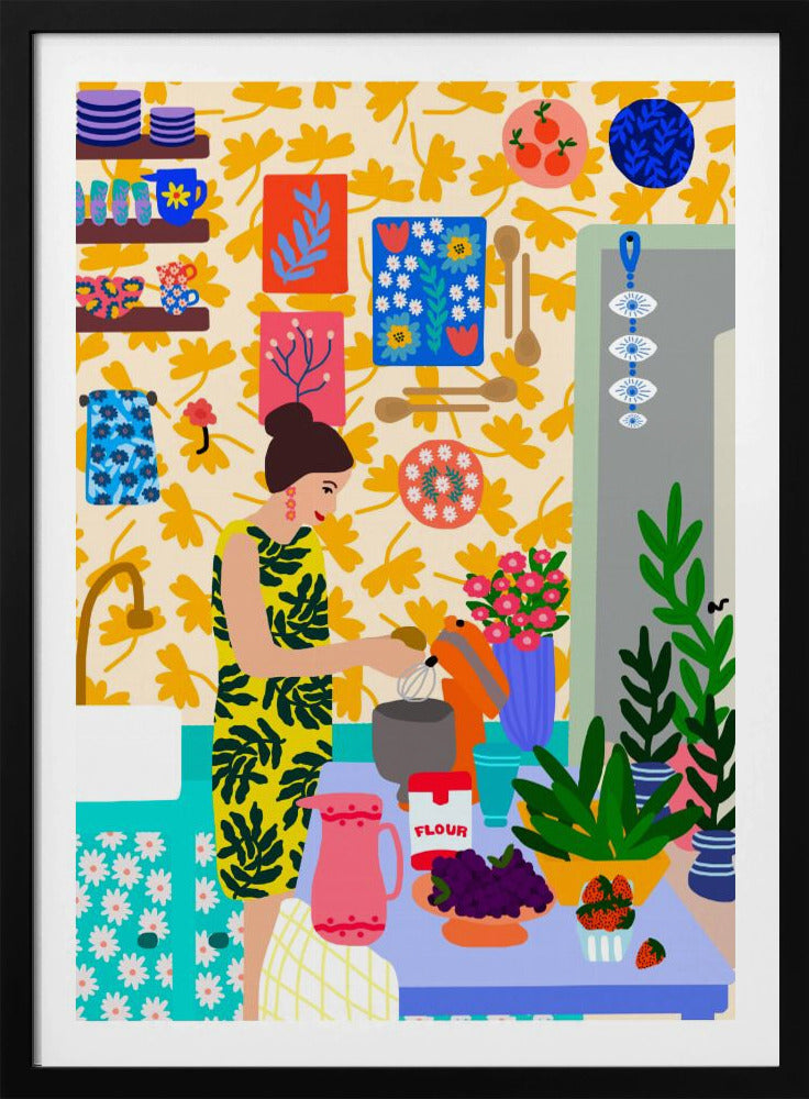 Eine Frau in einer Küche mit Blumen | Poster