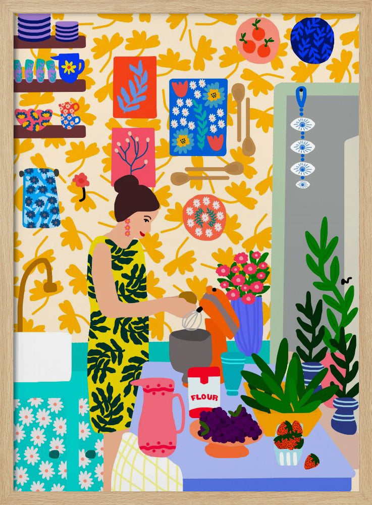 Eine Frau in einer Küche mit Blumen | Poster