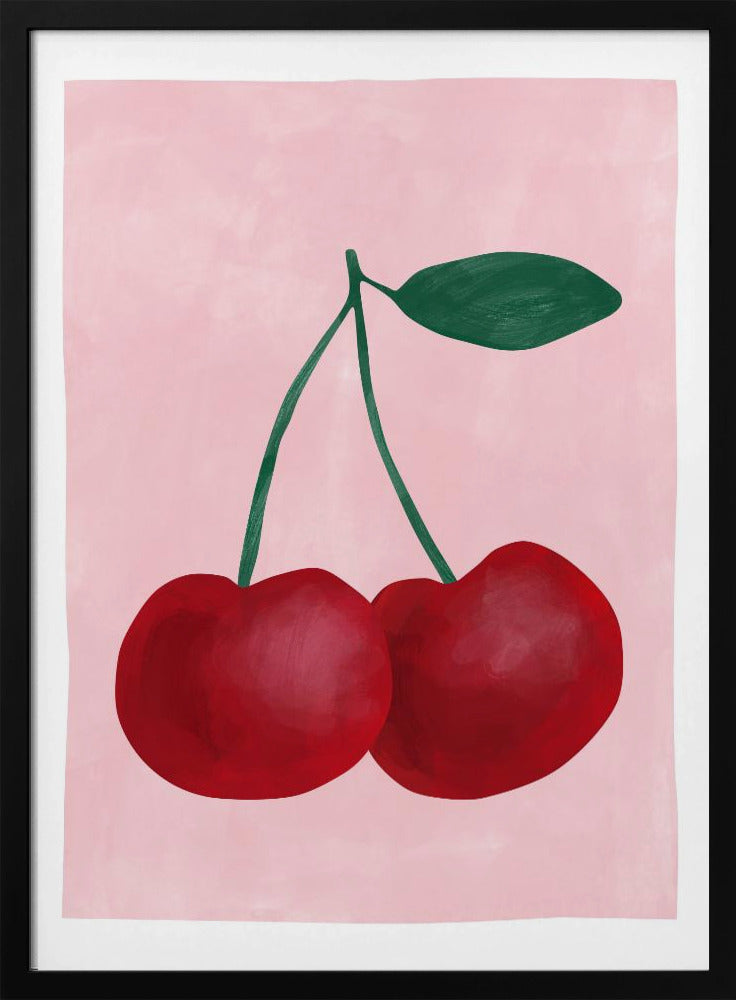 Rote Kirschen mit grünem Blatt | Poster