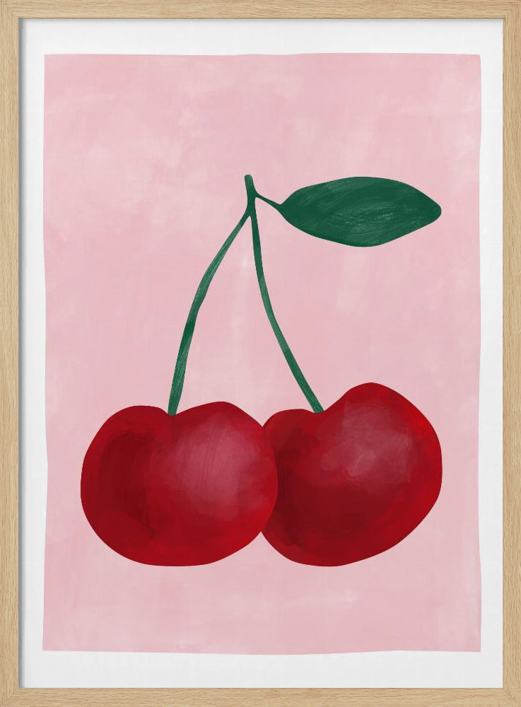 Rote Kirschen mit grünem Blatt | Poster